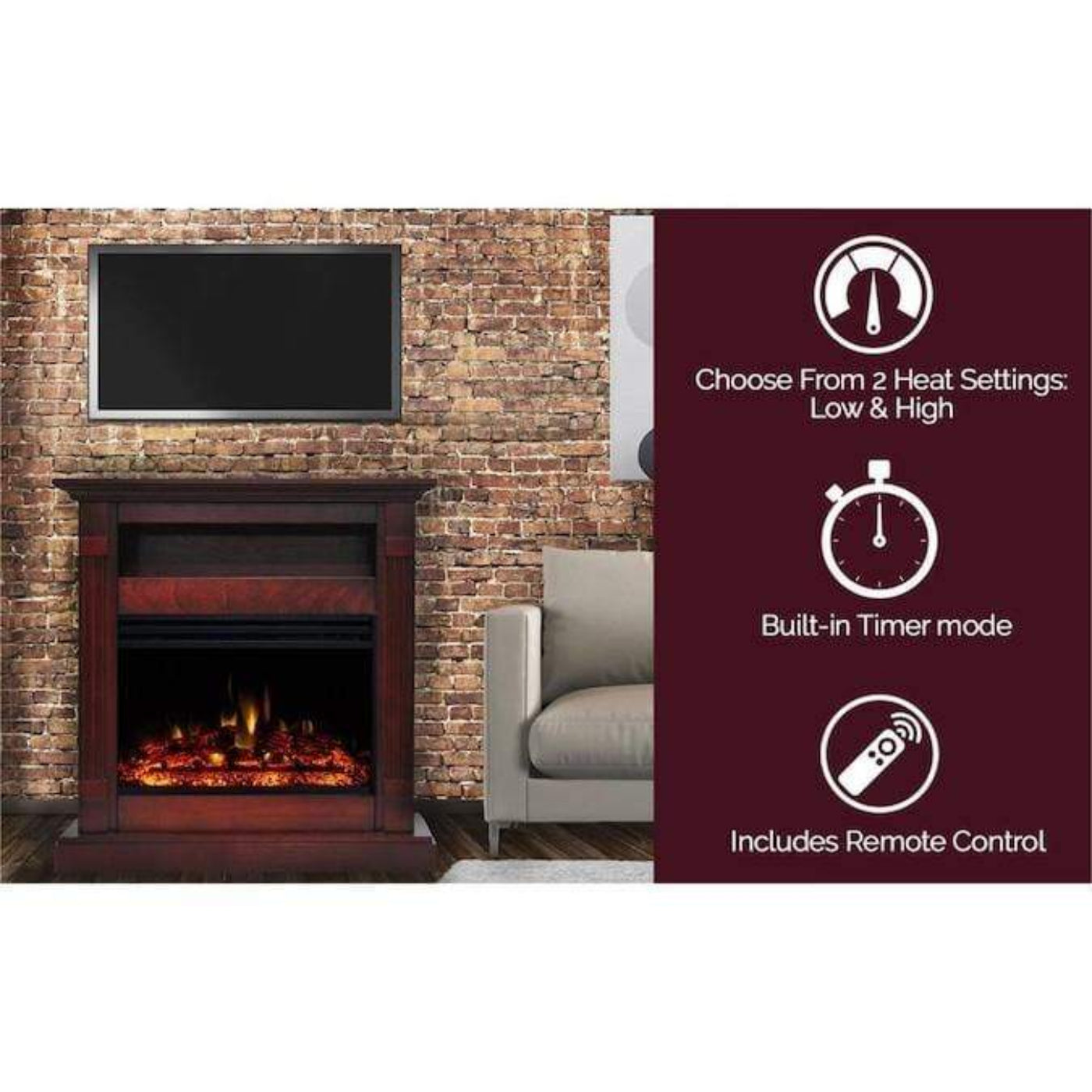 Cambridge Sienna 34-In. Electric Fireplace Heater with Cherry Mantel, Enhanced Log Display, Multi-Color Flames, and Remote Control - CAM3437-1CHRLG3