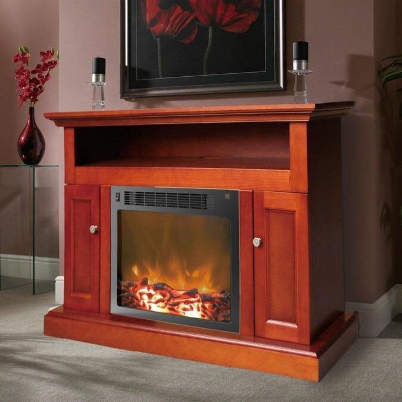 Cambridge Sorrento Electric Fireplace with an Enhanced Log Display and 47 In. Entertainment Stand in Cherry - CAM5021-2CHRLG2