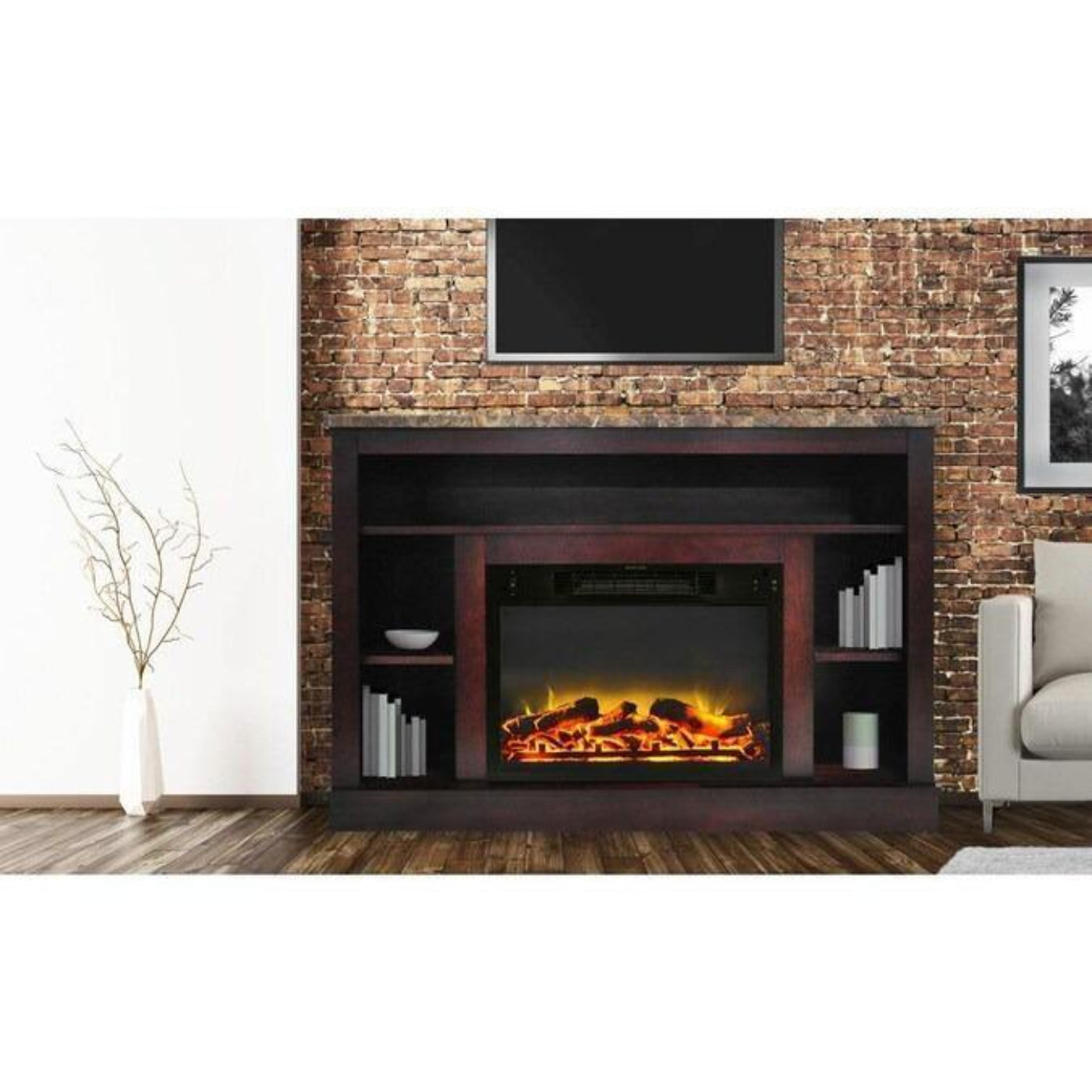 Cambridge 47 In. Electric Fireplace with a 1500W Log Insert and Cherry Mantel - CAM5021-1CHR