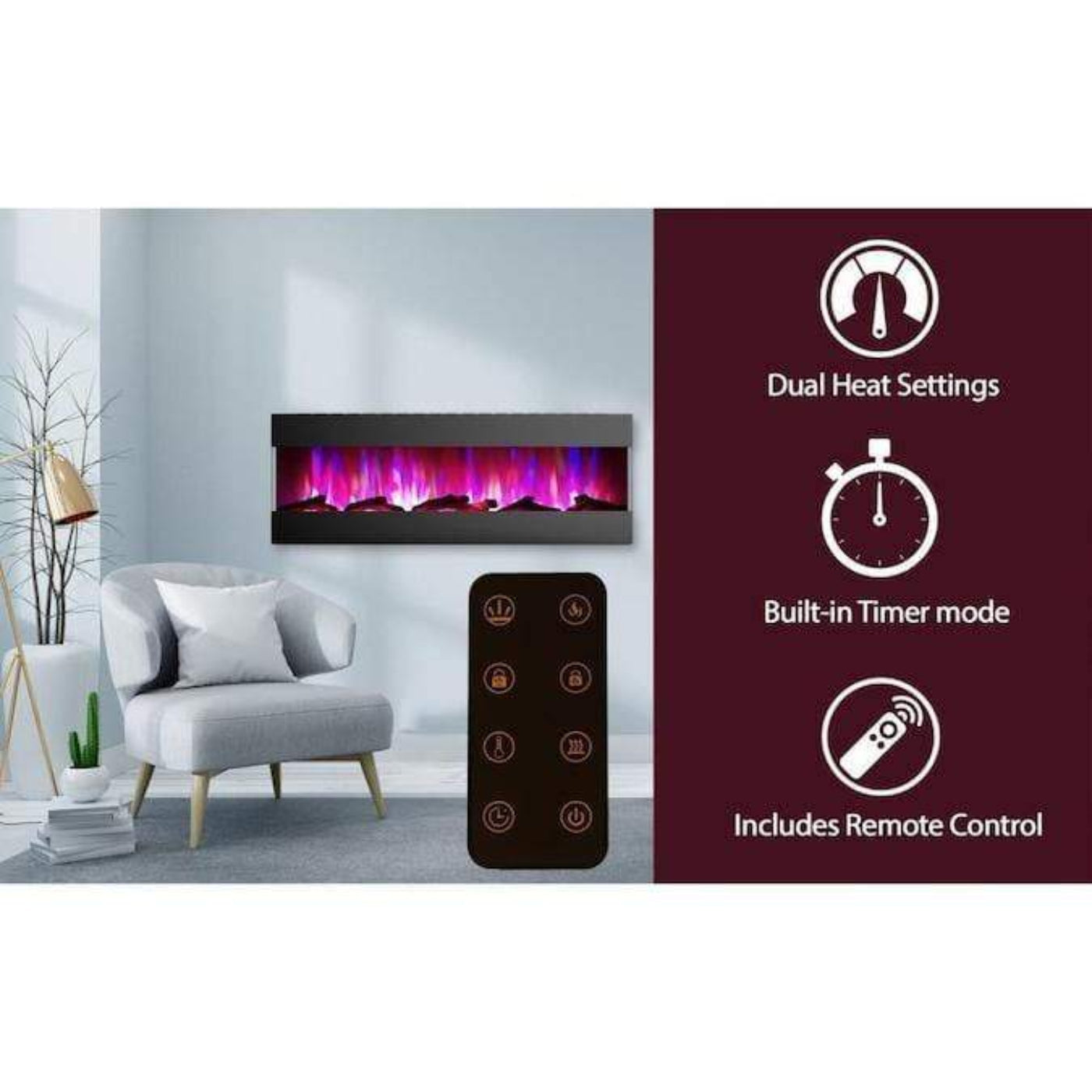 Cambridge 60 In. Recessed Wall-Mounted Electric Fireplace with Logs and LED Color Changing Display, Black/White - CAM60RECWMEF-2BLK