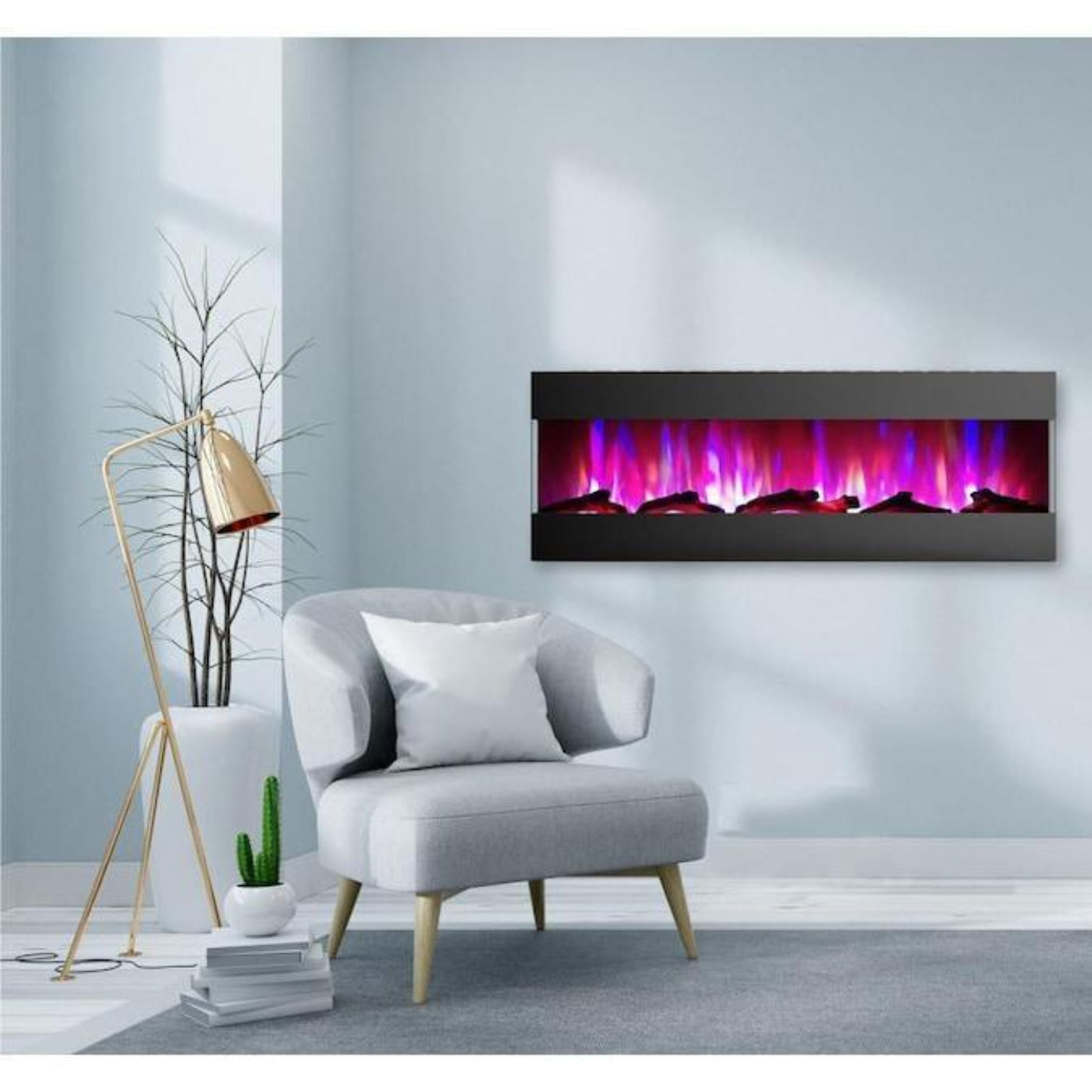 Cambridge 60 In. Recessed Wall-Mounted Electric Fireplace with Logs and LED Color Changing Display, Black/White - CAM60RECWMEF-2BLK