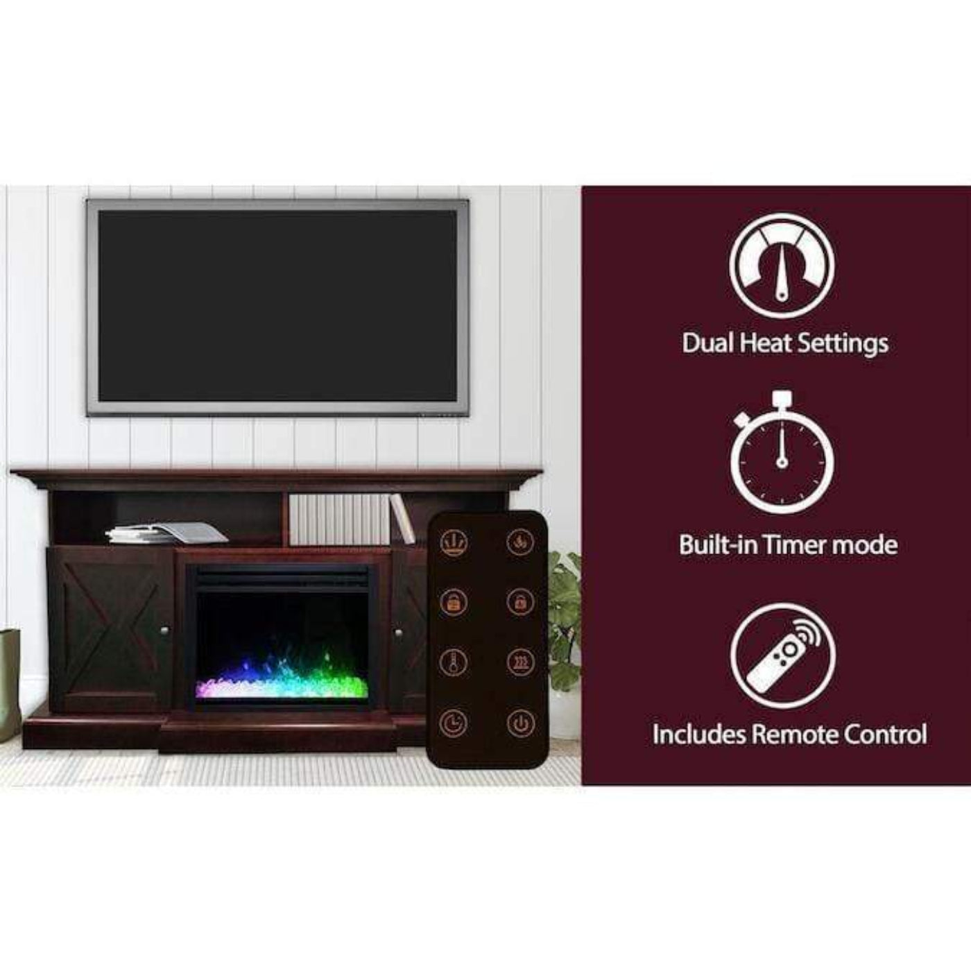 Cambridge 62-in. Summit Farmhouse Style Electric Fireplace Mantel with Deep Crystal Insert, Mahogany - CAM6215-1SNDCRS
