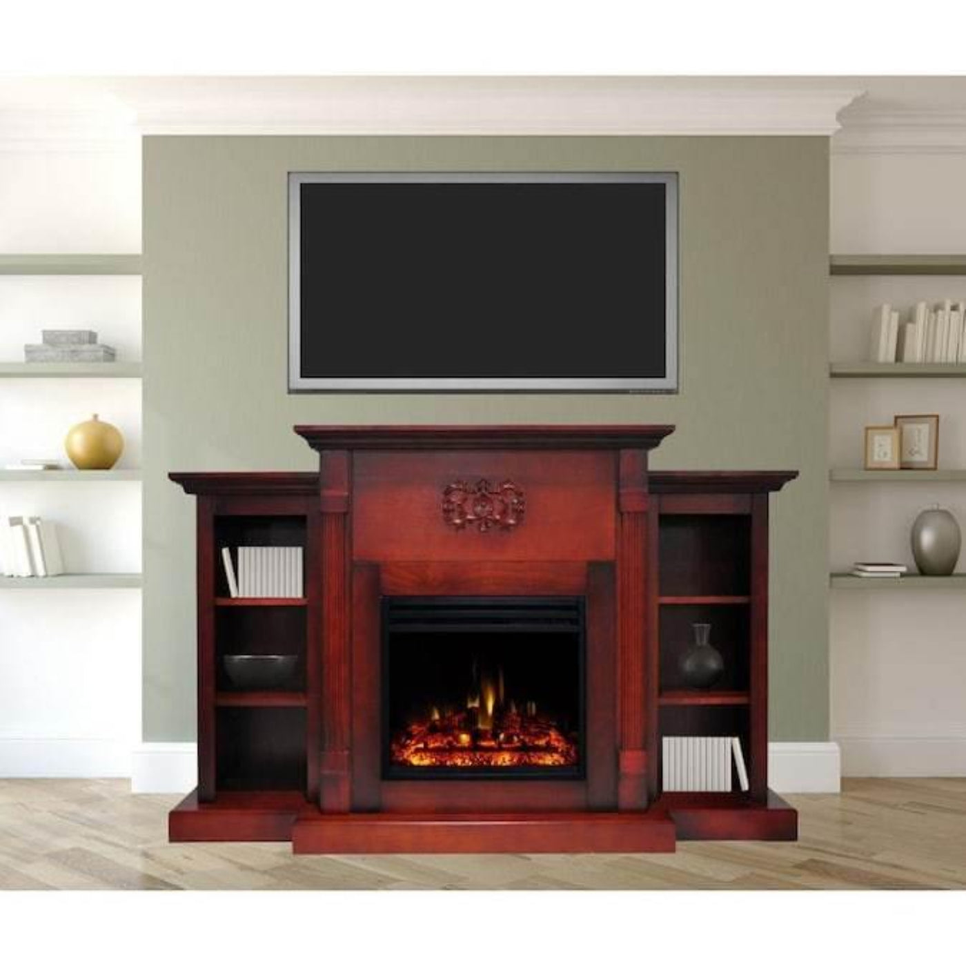 Cambridge Sanoma Electric Fireplace Heater with 72-In. Cherry Mantel, Bookshelves, Enhanced Log Display, Multi-Color Flames, and Remote - CAM7233-1CHRLG3