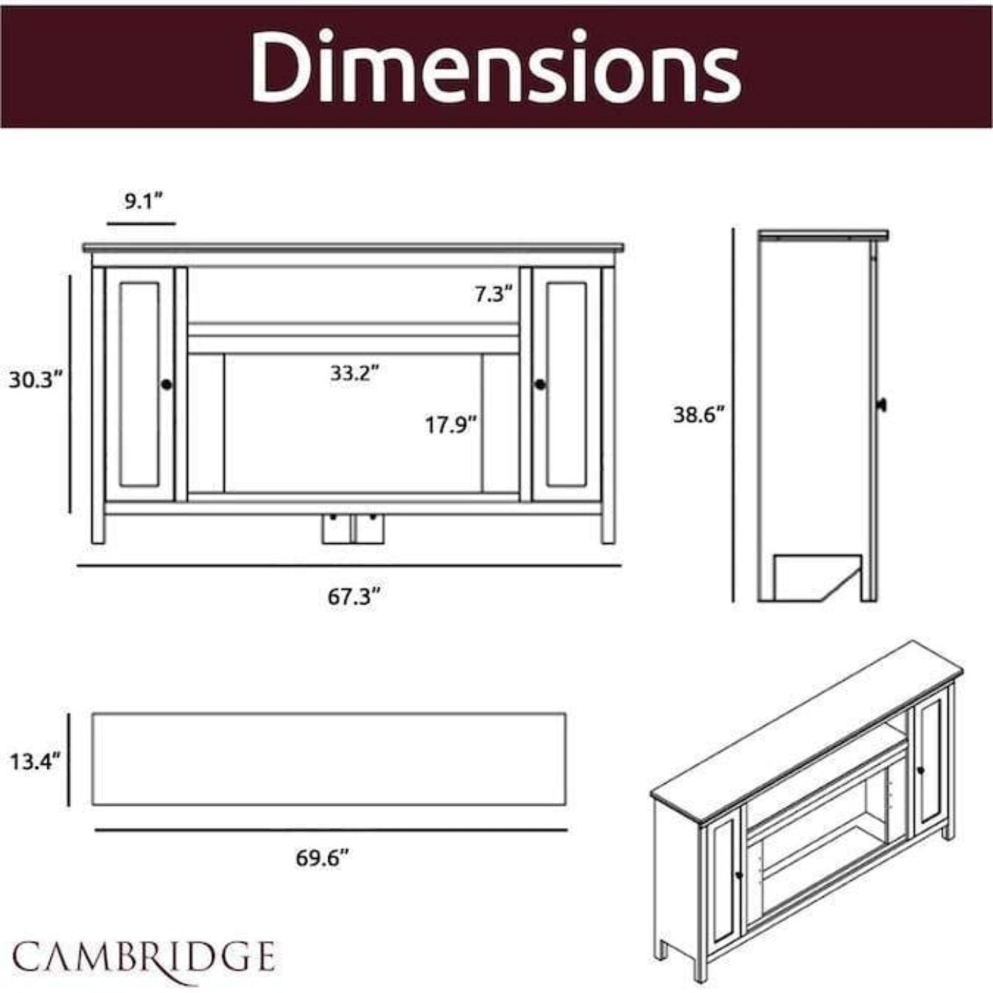 Cambridge Somerset 70-In. Black Electric Fireplace TV Stand with Multi-Color LED Flames, Crystal Rock Display, and Remote Control - CAM6938-1COF