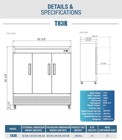 Chef AAA - T83R Commercial 83" Reach-In Refrigerator 3 Solid Door Stainless Steel 64 cu.ft. - T83R