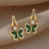 925 Silver Zircon Vintage Green Crystal Butterfly Drop Earrings