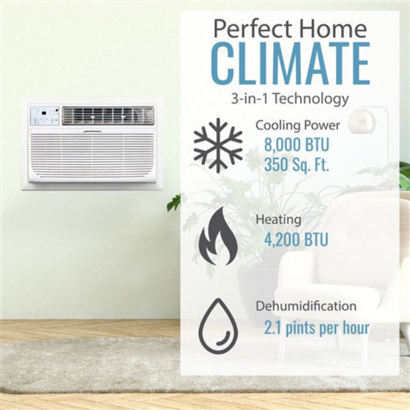 Keystone - 8, 000 BTU Through the Wall Heat/Cool, R32  -  KSTAT08-1HD