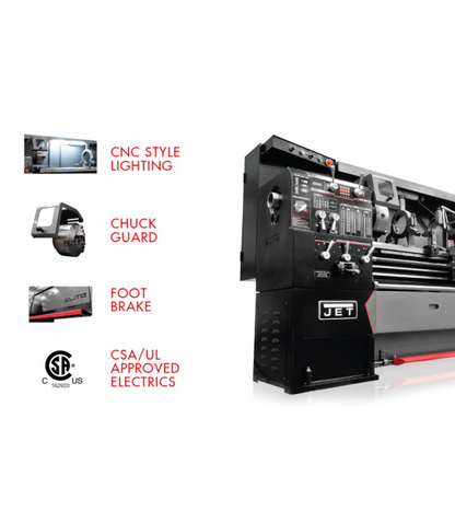 JET Elite Lathe E-1340VS with ACU-RITE 303 CSS DRO with Taper Attachment - JET Elite Lathe EGH-1740 with ACU-RITE 203 DRO with Collet Closer - JT9-892505