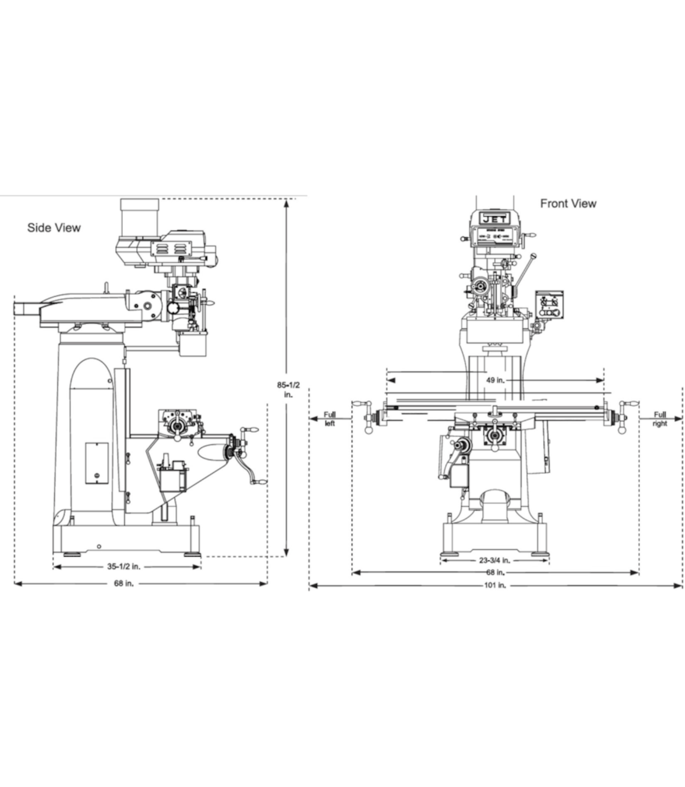 JET Elite ETM-949 Mill with X, Y-Axis JET Powerfeeds and USA Made Air Draw Bar - JT9-894106