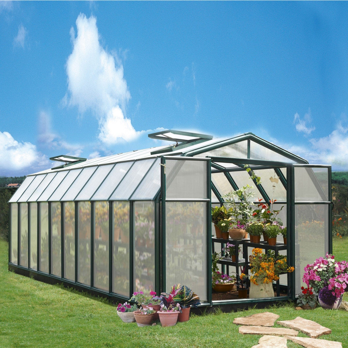 Palram - Canopia | Hobby Gardener Greenhouse Kit - 8 Ft Wide - Green With 6mm Twin-wall Polycarbonate Glazing - HG7108