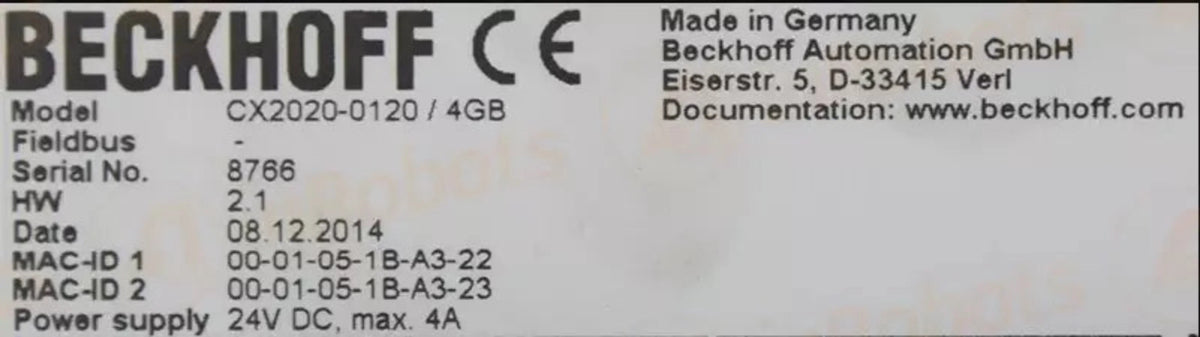 Beckhoff CPU/Control Board - CX2020-0120