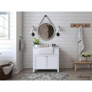 Ancerre Adeline Bathroom Vanity with Farmhouse Sink and Carrara White Marble Top Cabinet Set - VTS-ADELINE-36-W-CW-GD