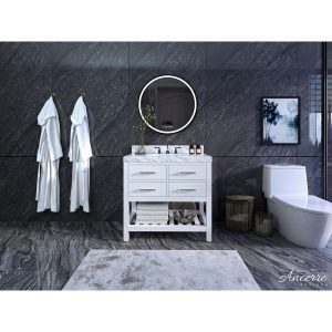 Ancerre Elizabeth Bathroom Vanity with Sink and Carrara White Marble Top Cabinet Set - VTS-ELIZABETH-36-W-CW